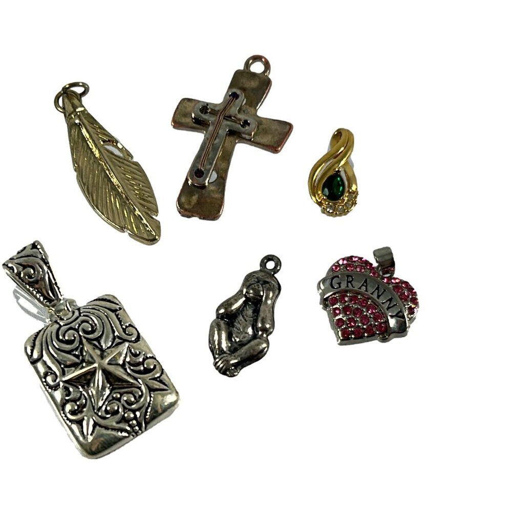 Mixed 6 Piece Pendant Lot Cross Heart Leaf Gold Tone Silver Tone Ornate Metal